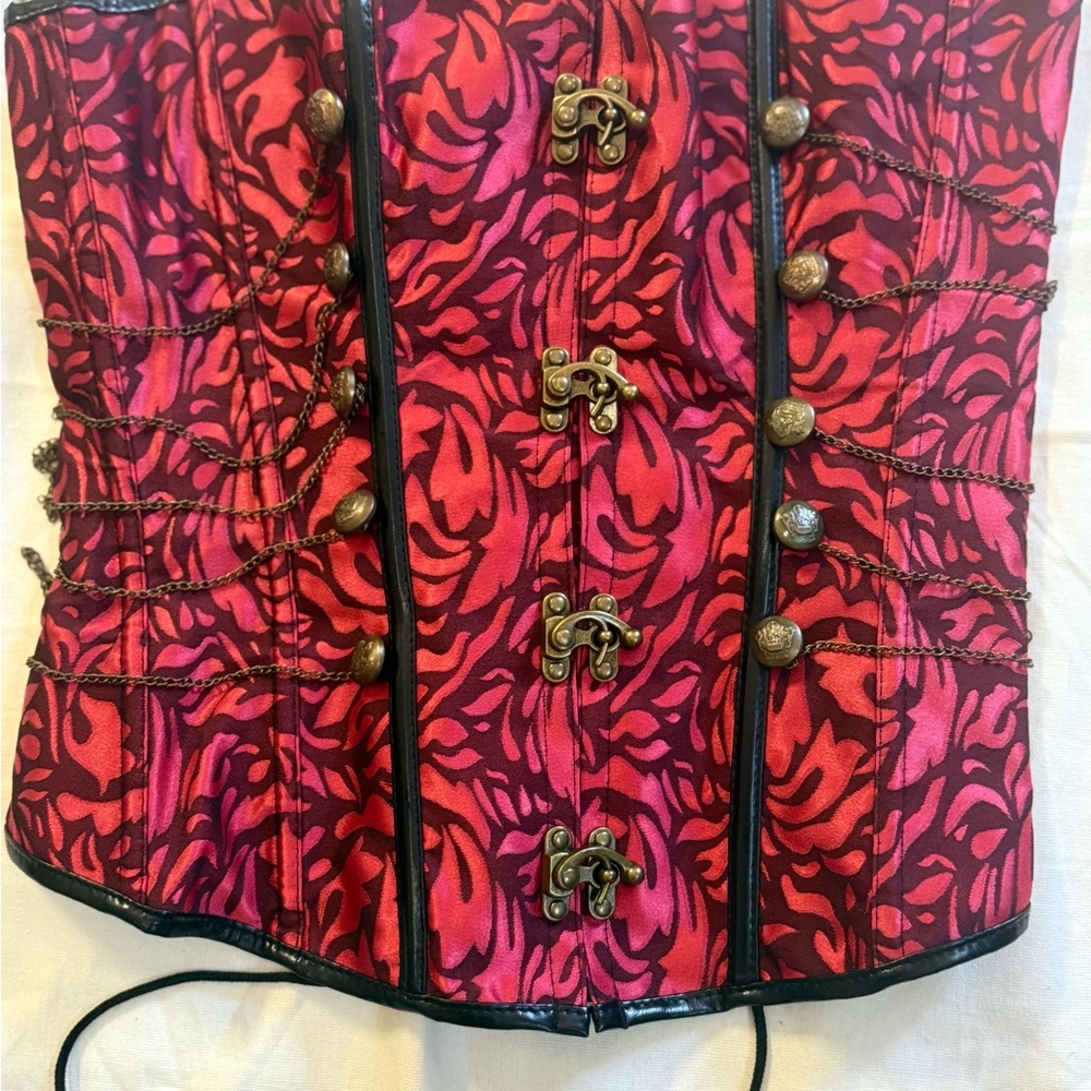 Steampunk Gothic Corset Red Black Brocade Lace-Up Boned Waist Cincher Sz S-M